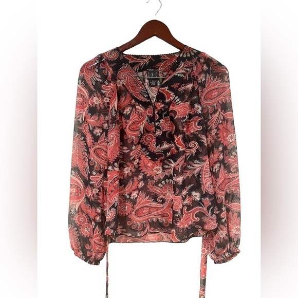 INC International Concepts Size 2 Red and Black Paisley Sheer Top 90s/Y2K Vibes - Picture 1 of 3
